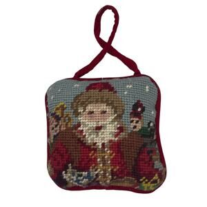 Needlepoint Santa Claus Christmas Ornament Pillow 4x4